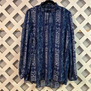 Susan Graver Chiffon Smocked Neck Fully Lined Top Navy 1X